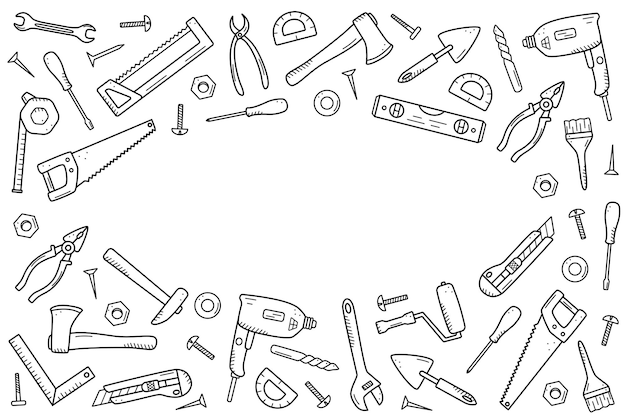 Construction tools doodle vector set of repair elements cartoon icons