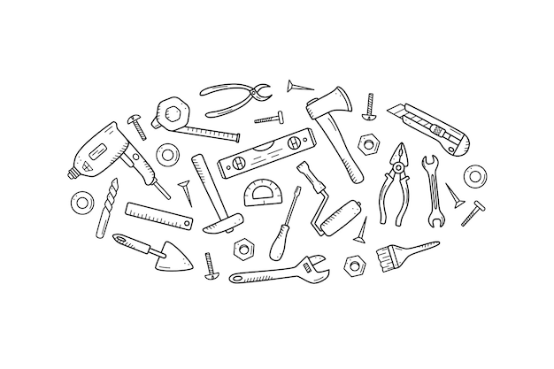 Construction tools doodle vector set of repair elements cartoon icons