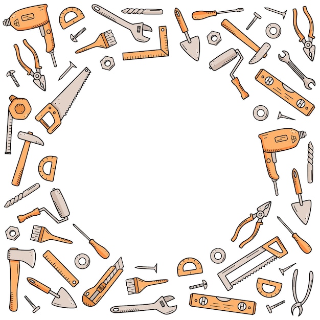 Construction tools doodle vector set of repair elements cartoon icons