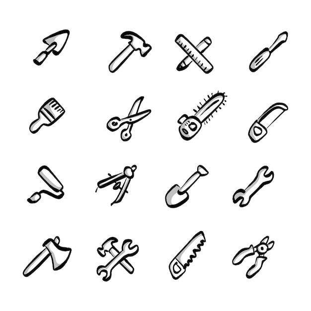 Vector construction tools icons set with shadow vector illustration sketch hand drawn