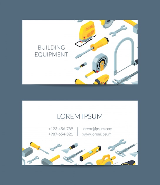 Vector construction tools isometric icons business card  for hardware store