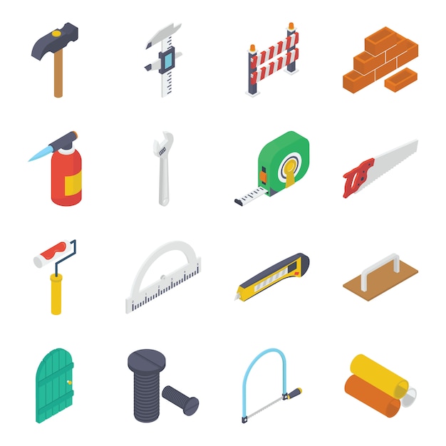 Vector construction tools isometric icons pack