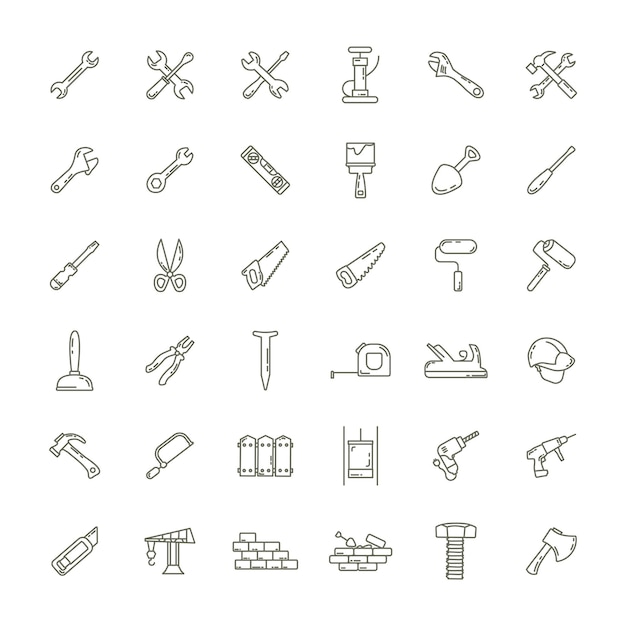 Vector construction tools line icon set with ax hammer wrench