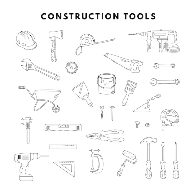 Construction tools outline hand drawn elements the concept of home renovation construction