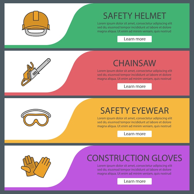 Vettore set di modelli di banner web per strumenti di costruzione. casco di sicurezza industriale, motosega, occhiali, guanti da cantiere. voci di menu a colori del sito web. concetti di progettazione di intestazioni vettoriali