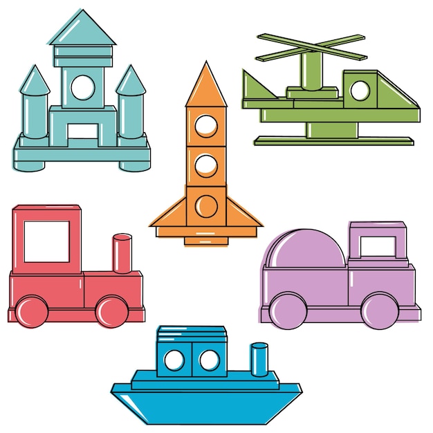 Construction of Transport from colored wooden cubes vector isolated illustration in the flat style