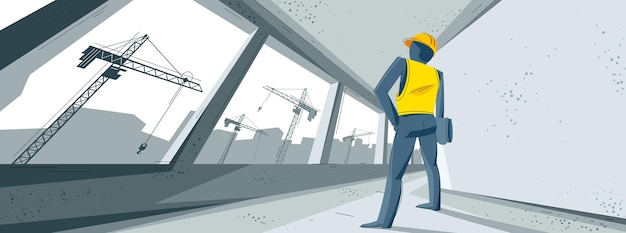 Construction vector illustration with engineer is watching process, unfinished building interior in progress and cranes beyond the window builds skyscrapers, rising city, industry.