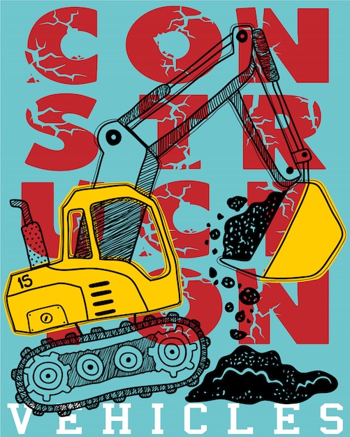 Vector construction vehicle cartoon on typography background