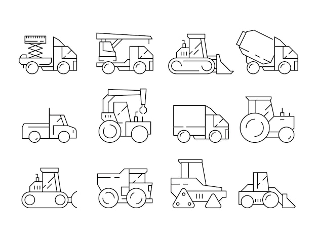 Construction vehicles. heavy machinery for builders trucks lifting crane bulldozer linear symbols isolated