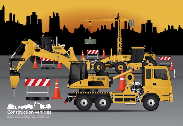 Vector construction vehicles set with building background vector illustration