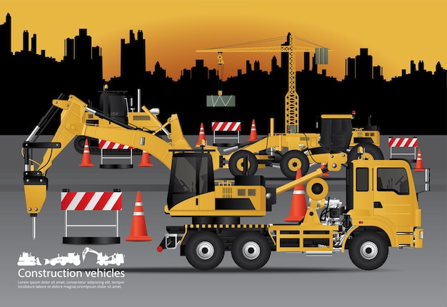 Construction Vehicles Set with Building Background Vector Illustration