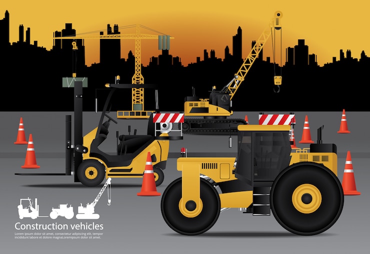 Vector construction vehicles set with building background