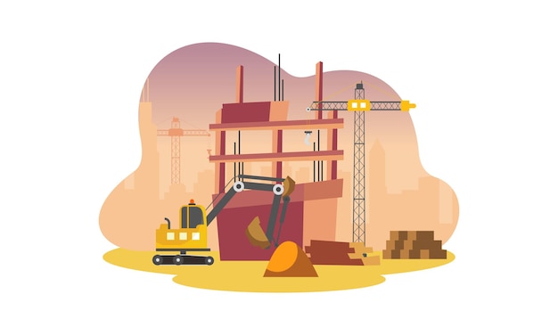 Vector construction with building crane and excavator illustration