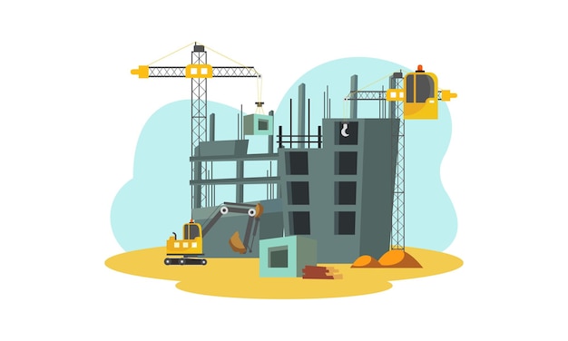 Construction with building crane and excavator illustration