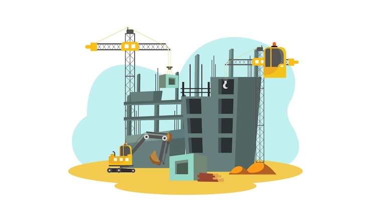 Vector construction with building crane and excavator illustration 