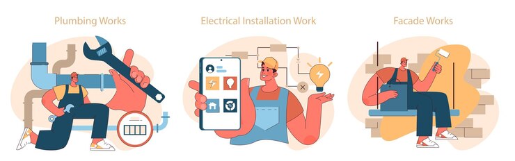 Vector construction work set workers engaged in plumbing electrical and facade projects illustrating the
