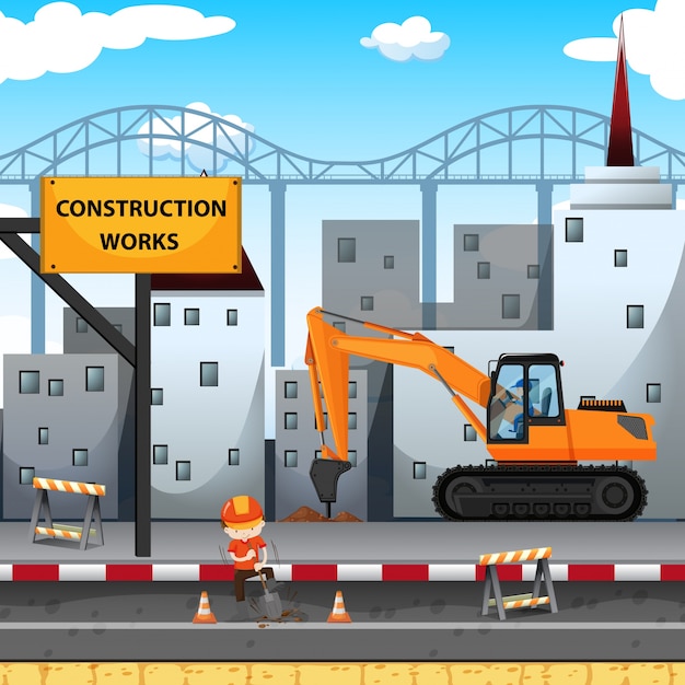 Construction work site with worker and drill truck