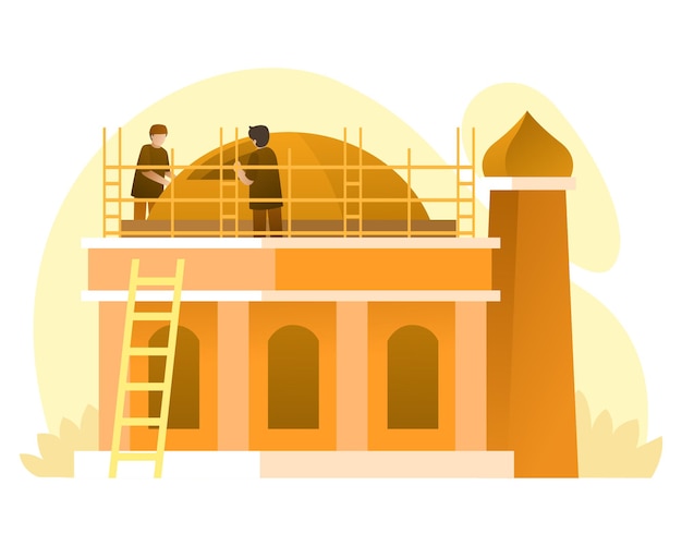 Construction Worker Building a Mosque Illustration