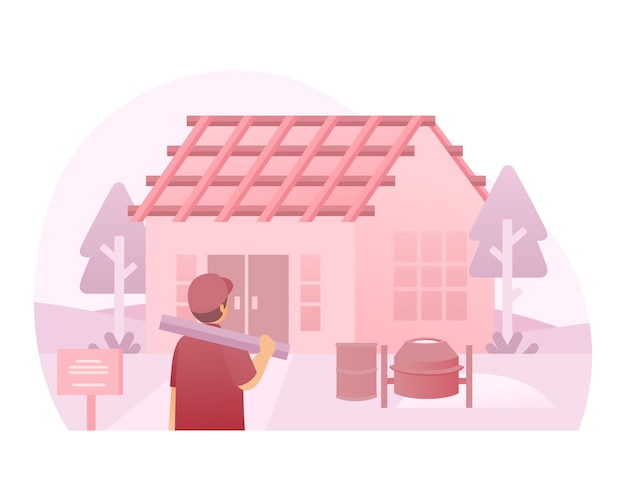 construction worker builds a house illustration
