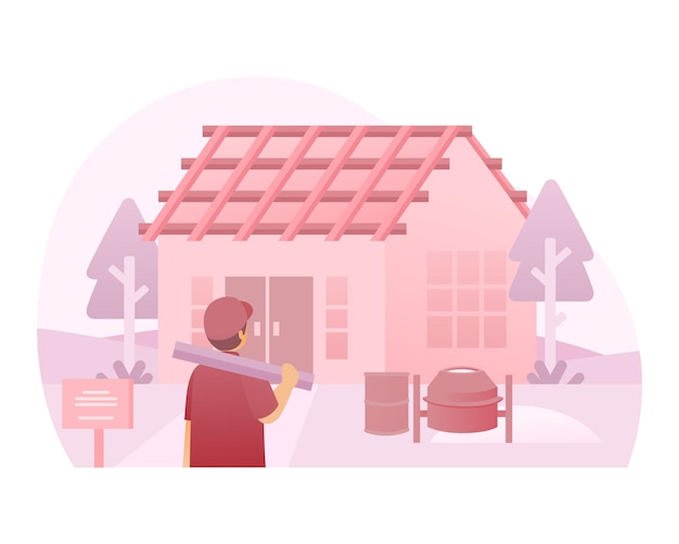 Vector construction worker builds a house illustration