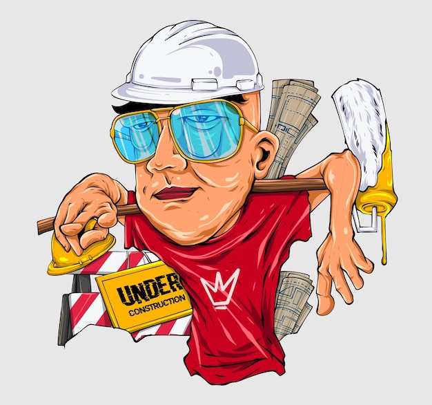 construction worker cartoon with money and paint roller