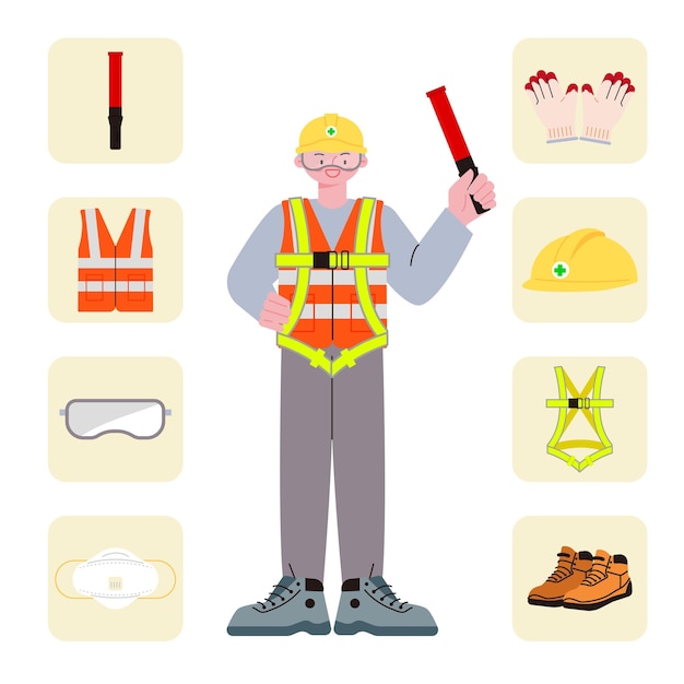 Vector a construction worker character holding a light stick and a collection of safety equipment