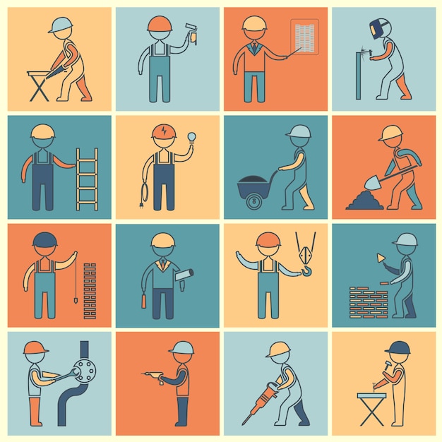 Construction worker characters icon flat line