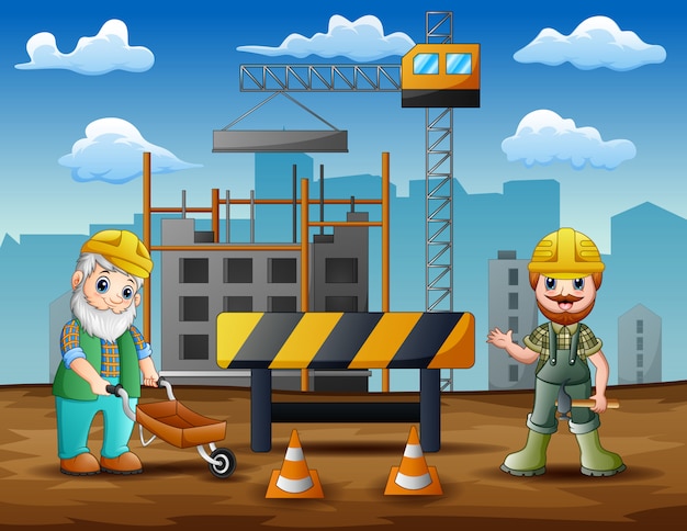 Vector construction worker at construction site background