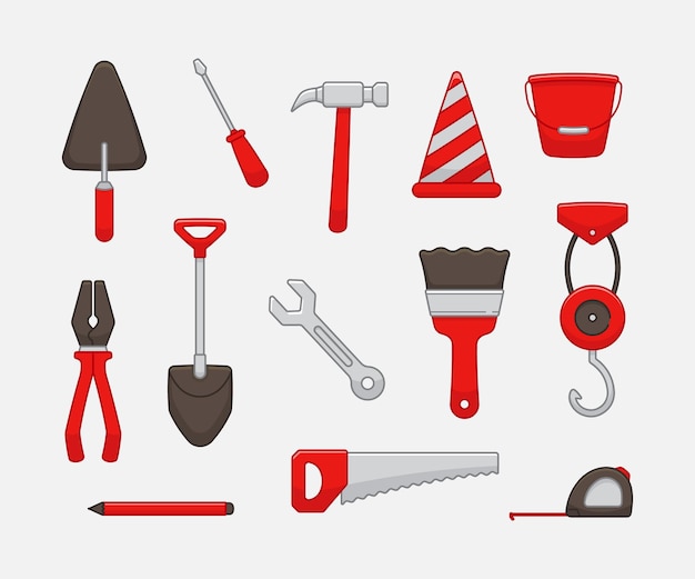 Vector construction worker equipment set