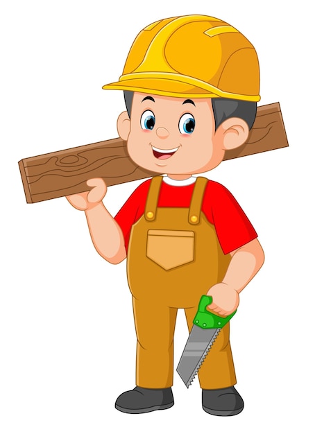 ベクトル 鋸と木材を保持している建設労働者