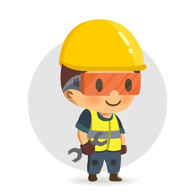 Vector construction worker holding a spanner or wrench.