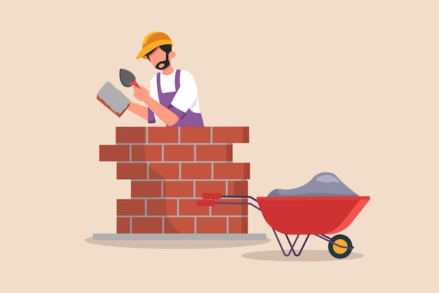 construction worker layering brick masonry with cement construction and building concept flat vector illustrations isolated