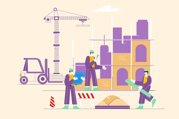 Construction Worker Looking at Blueprints - Vector Illustration