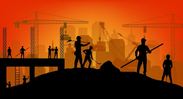 Construction worker silhouette at work background