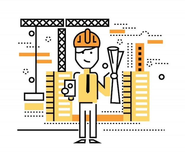 Vector construction worker standing on building site. flat thin line design elements. vector illustration