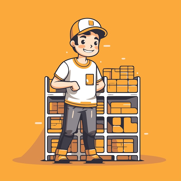 Construction worker standing with brick Vector illustration in modern cartoon style