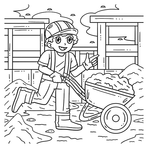 Construction Worker and Wheelbarrow Coloring Page