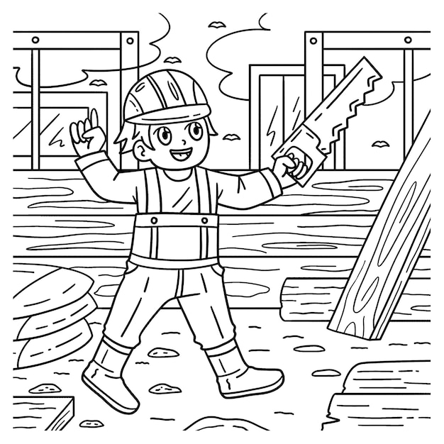 Construction Worker with Hand Saw Coloring Page