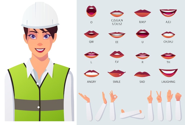 Construction Worker with Safety Helmet and Vest lip sync and Face Animation Set Premium.