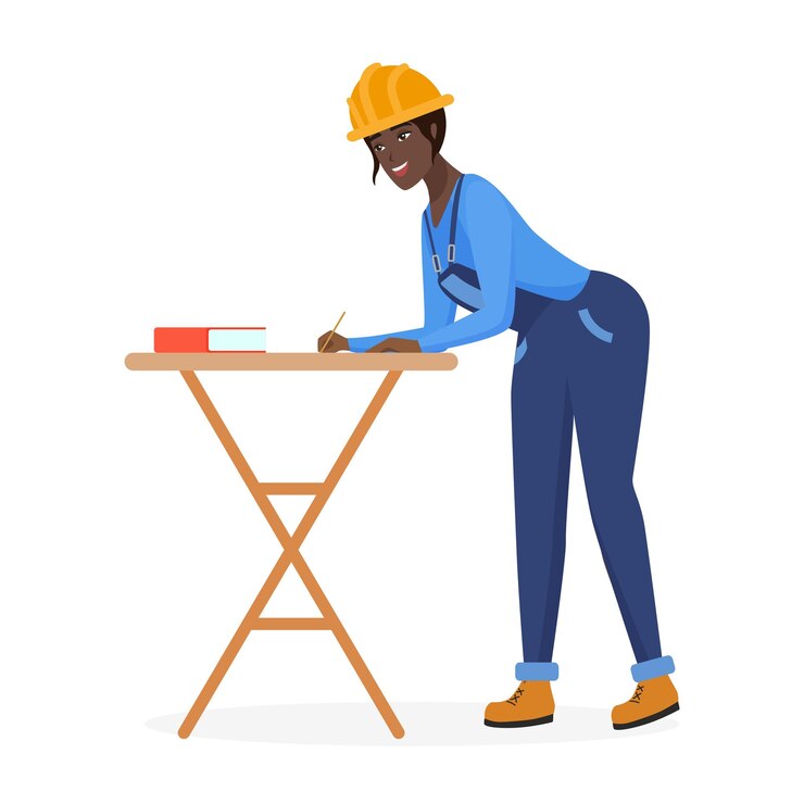Vector construction worker woman in hard hat standing at wooden table to write