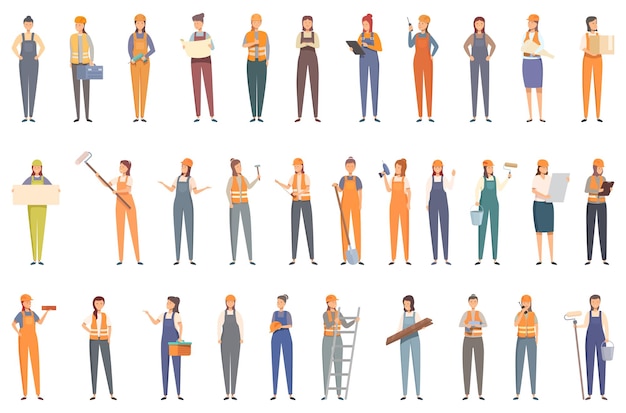 Vector construction worker woman icons set cartoon vector engineer worker