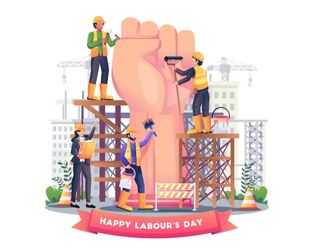 건설 노동자들이 5월 1일 삽화에서 노동절을 축하하기 위해 거대한 주먹 팔을 만들고 있다