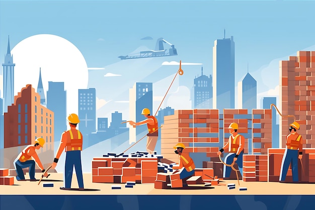 Vector construction workers and building worker