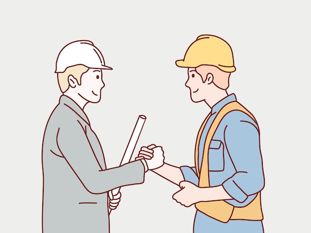 Construction workers and businessman teamwork shake hands cooperate simple korean style illustration