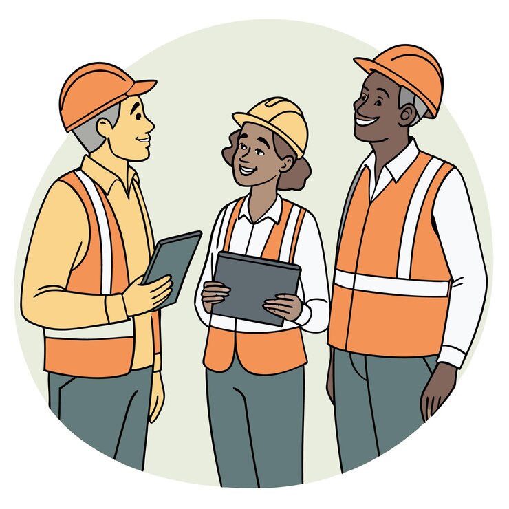 Vector construction workers in a meeting discussing project plans