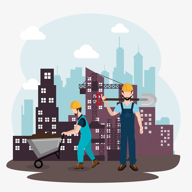 Vector construction workers with under construction icons