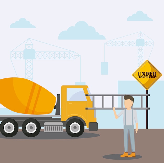 Vettore camion e lavoratore di trasporto in costruzione
