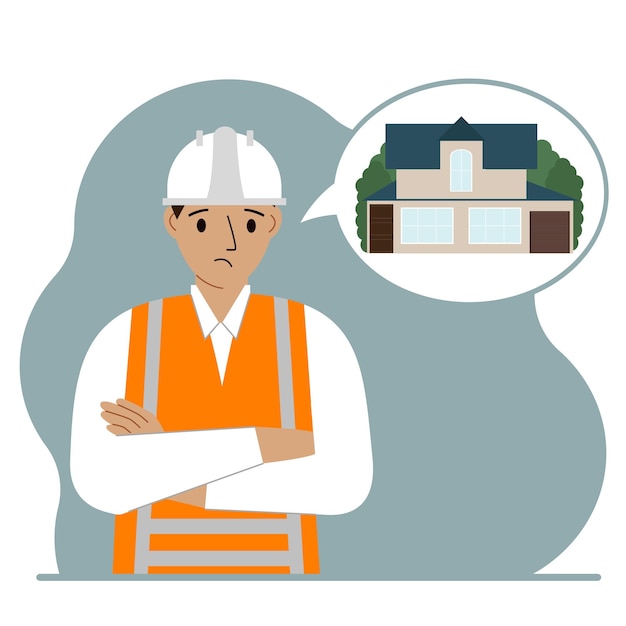 Vector the constructor is thinking about building a house. a sad man in a hardhat and a vest is planning a work process. engineer, house construction concept.