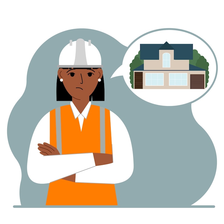 Vector the constructor is thinking about building a house. a sad woman in a hardhat and a vest is planning a work process. engineer, house construction concept.