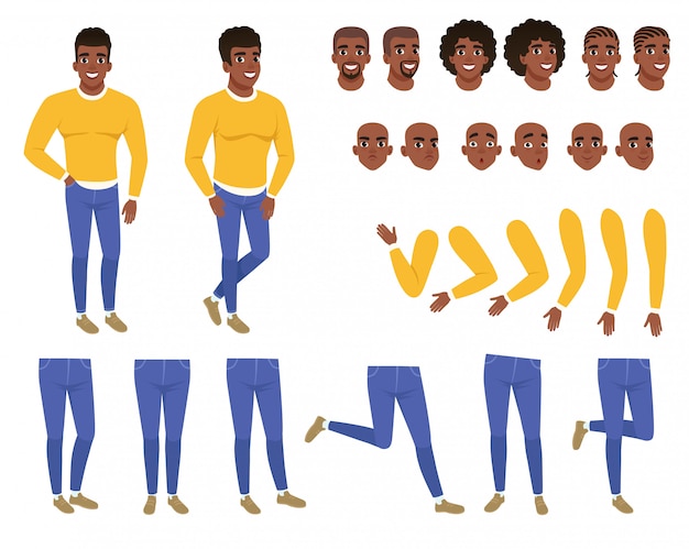 Вектор Конструктор молодой черный человек. парень в желтом свитере и синих джинсах. создание набора. части тела, прически и выражения лица. мультяшный плоский векторный характер